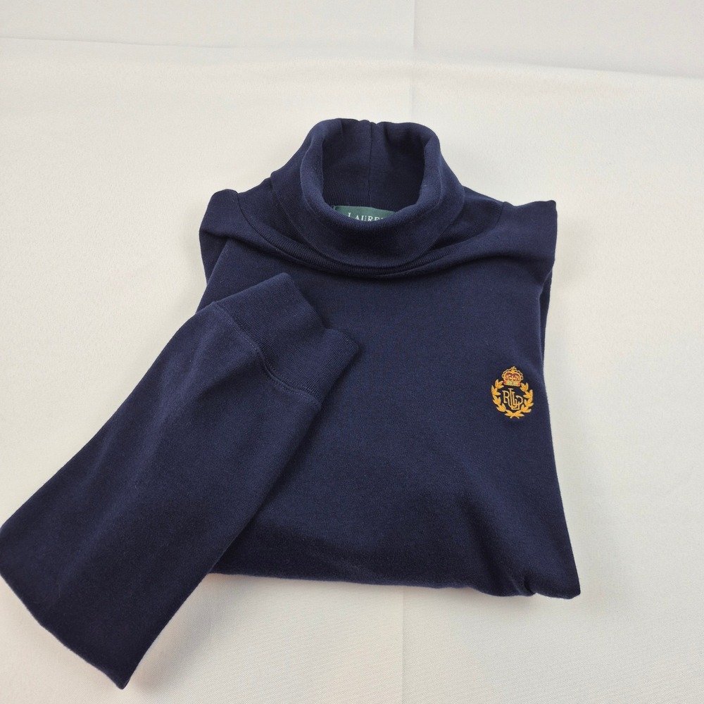 Lauren Ralph Lauren Navy Mock Neck Long Sleeve Shirt L Embroidered Crest Vtg Y2K - Picture 7 of 9